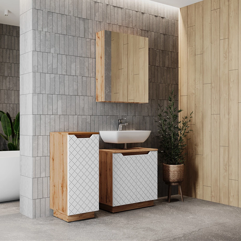 Nahaufnahme von Badmöbel-Set in Eiche/Weiß mit Kachelstruktur, zeigt Design- und Oberflächendetails