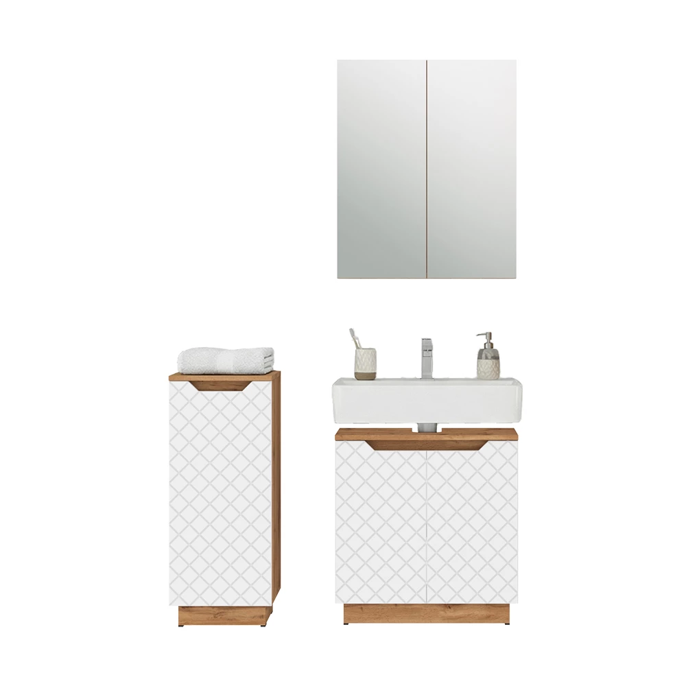 Badmöbel-Set in Eiche/Weiß mit Kachelstruktur auf weißem Hintergrund mit dekorativen Elementen