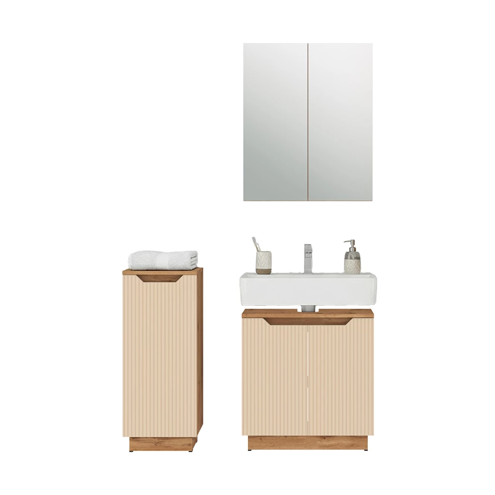 Badmöbel-Set in Eiche/Kaschmir gestreift auf weißem Hintergrund mit dekorativen Elementen