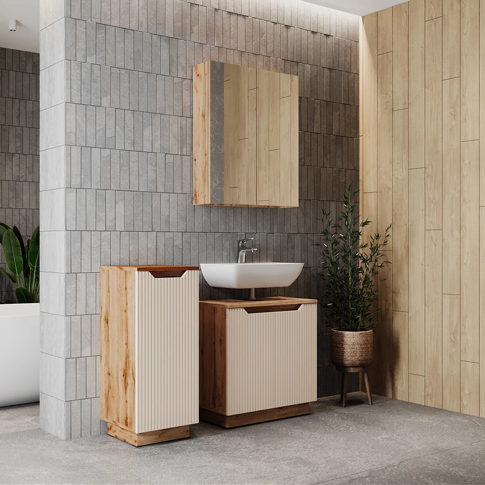 Nahaufnahme von Badmöbel-Set in Eiche/Kaschmir gestreift, zeigt Design- und Oberflächendetails