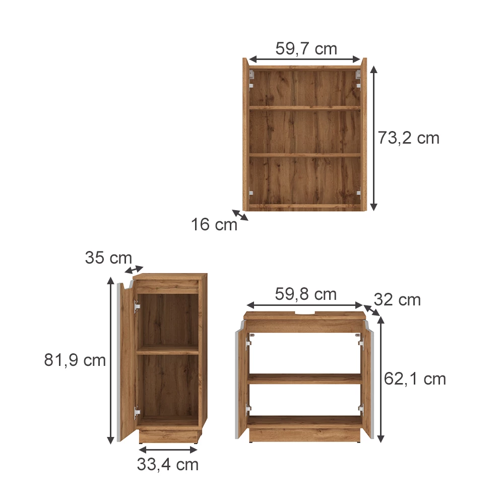 Badmöbel-Set in Eiche/grau gestreift auf weißem Hintergrund mit sichtbaren Maßen