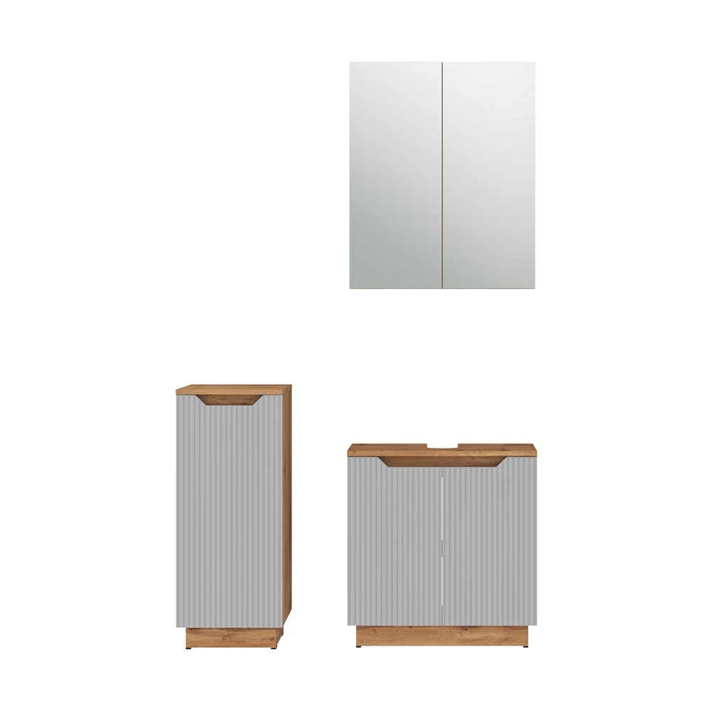 Badmöbel-Set in Eiche/grau gestreift auf weißem Hintergrund