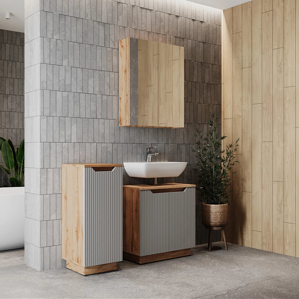 Nahaufnahme von Badmöbel-Set in Eiche/grau gestreift, zeigt Design- und Oberflächendetails