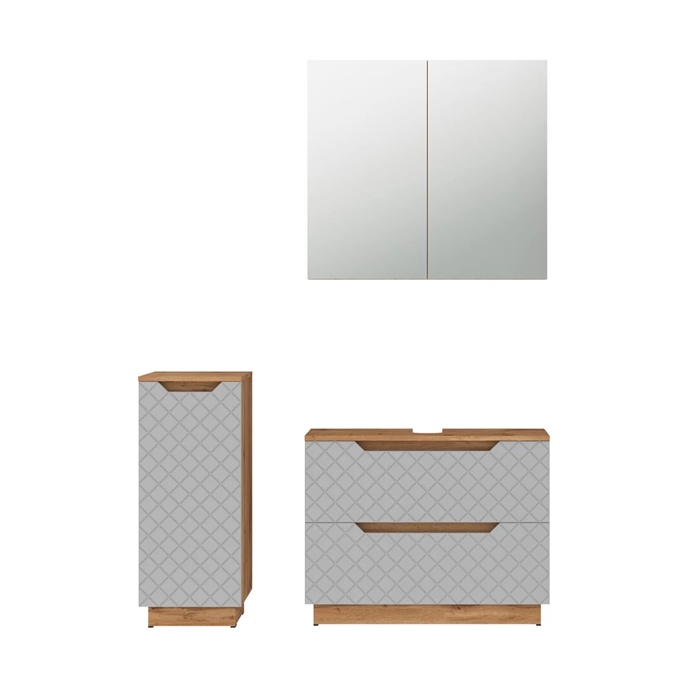 Badkamermeubelset in Eiken/grijs met tegelstructuur on white background