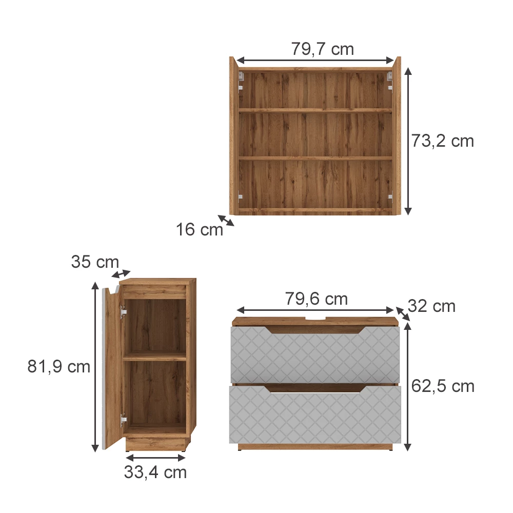 Badkamermeubelset in Eiken/grijs met tegelstructuur on white background with visible dimensions