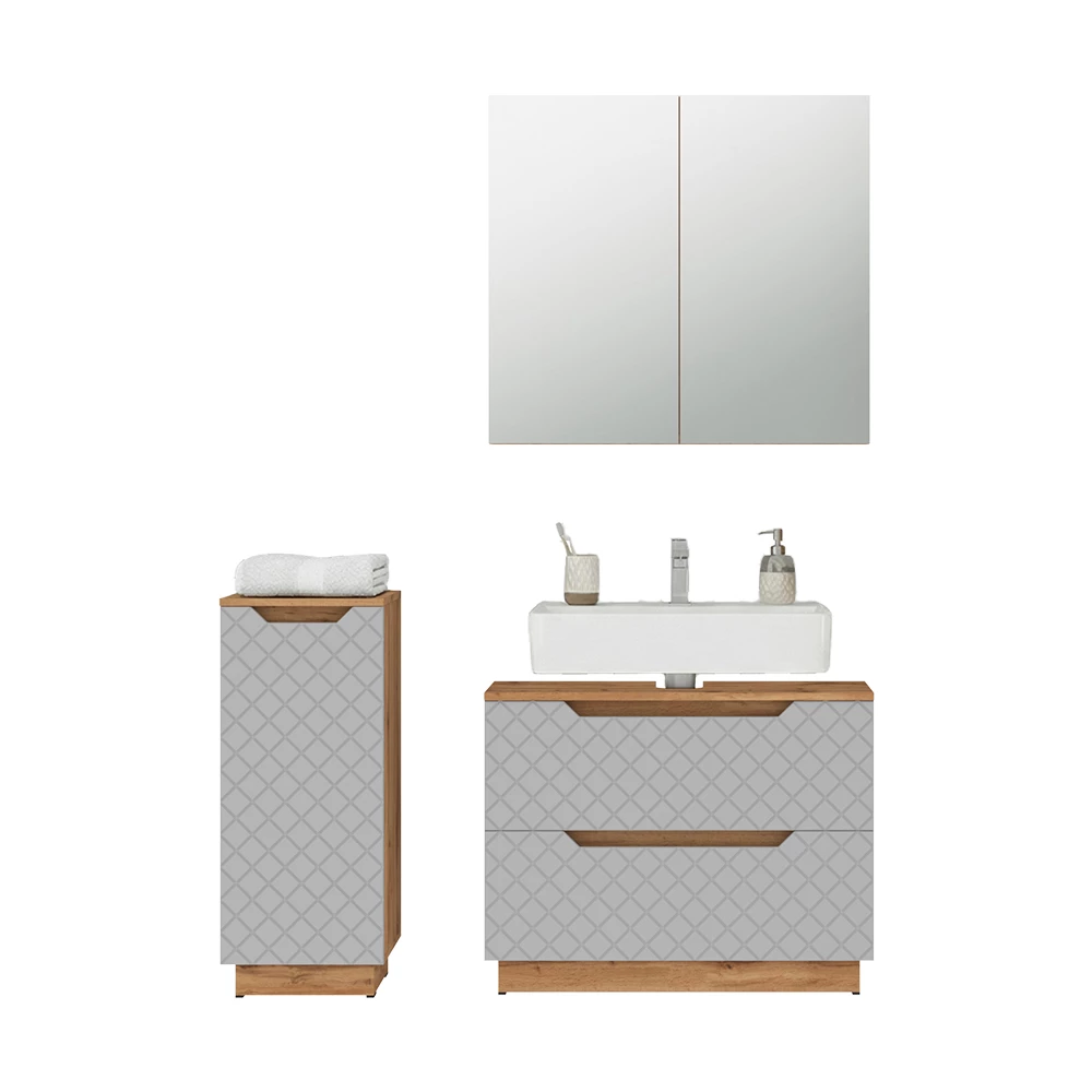 Badkamermeubelset in Eiken/grijs met tegelstructuur on white background with decorative elements