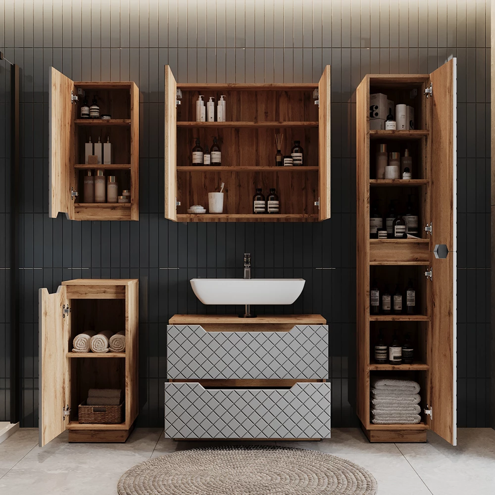 Badkamermeubelset Lotta Eiken/grijs met tegelstructuur 4 delen Vicco