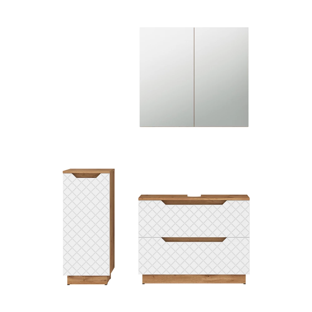 Badmöbel-Set in Eiche/Weiß mit Kachelstruktur auf weißem Hintergrund