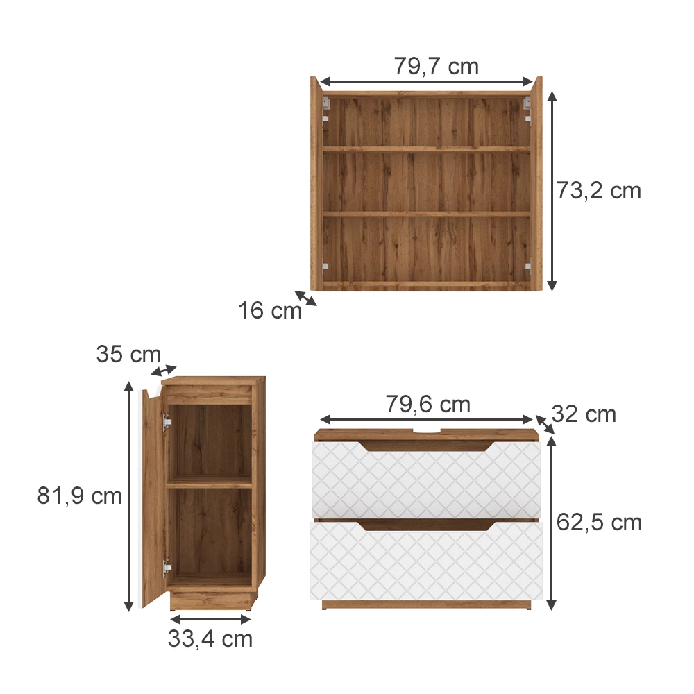 Badmöbel-Set in Eiche/Weiß mit Kachelstruktur auf weißem Hintergrund mit sichtbaren Maßen
