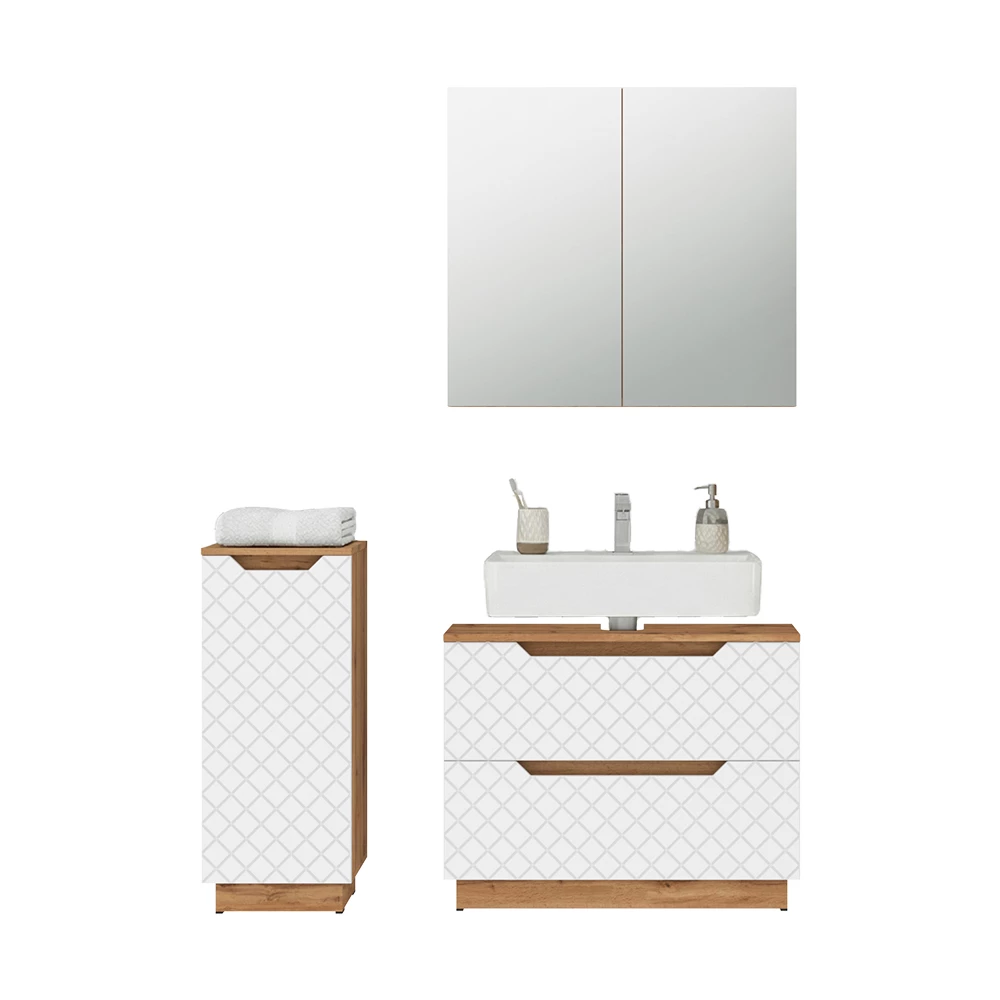 Badmöbel-Set in Eiche/Weiß mit Kachelstruktur auf weißem Hintergrund mit dekorativen Elementen