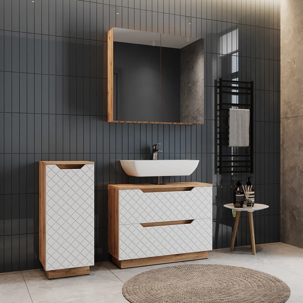 Nahaufnahme von Badmöbel-Set in Eiche/Weiß mit Kachelstruktur, zeigt Design- und Oberflächendetails