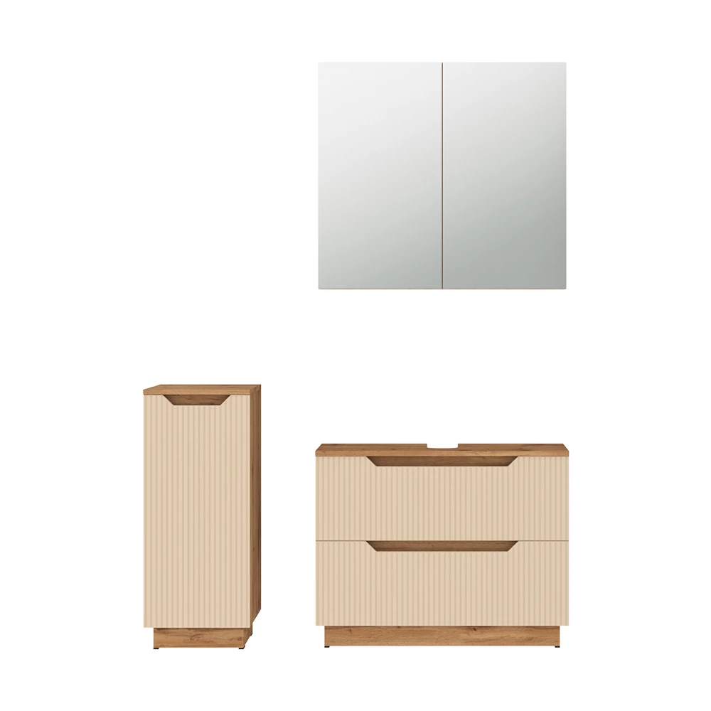 Badmöbel-Set in Eiche/Kaschmir gestreift auf weißem Hintergrund