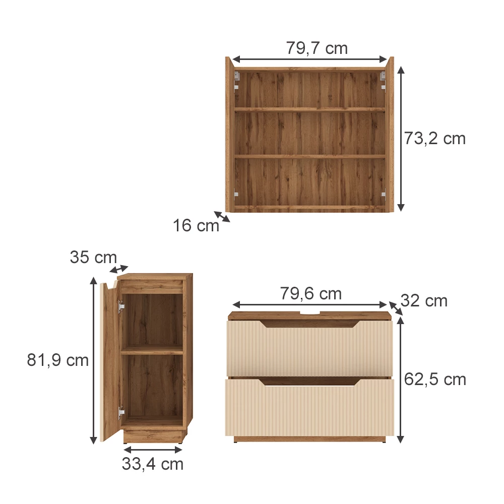 Badmöbel-Set in Eiche/Kaschmir gestreift auf weißem Hintergrund mit sichtbaren Maßen