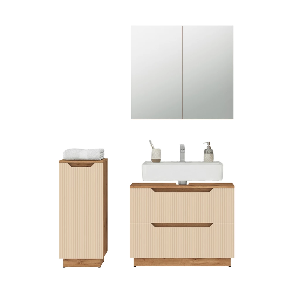 Badmöbel-Set in Eiche/Kaschmir gestreift auf weißem Hintergrund mit dekorativen Elementen