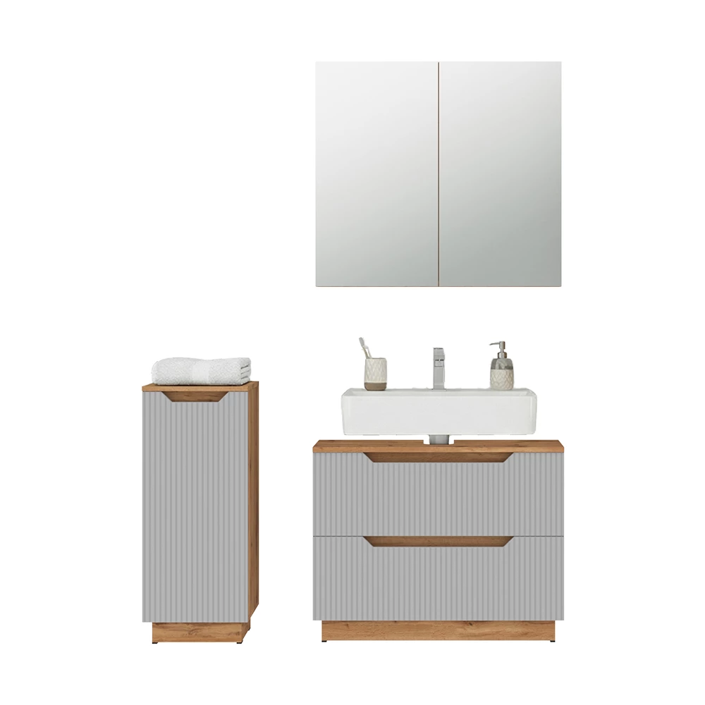 Badkamermeubelset in Eiken/grijs gestreept on white background with decorative elements