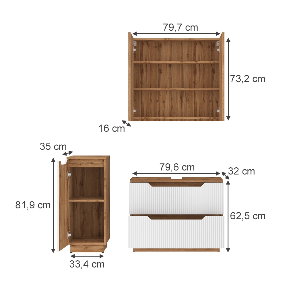 Badmöbel-Set in Eiche/weiß gestreift auf weißem Hintergrund mit sichtbaren Maßen