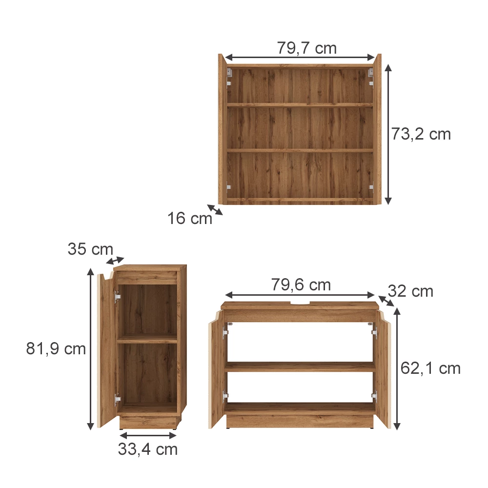 Badkamermeubelset in Eiken/kasjmier met tegelstructuur on white background with visible dimensions