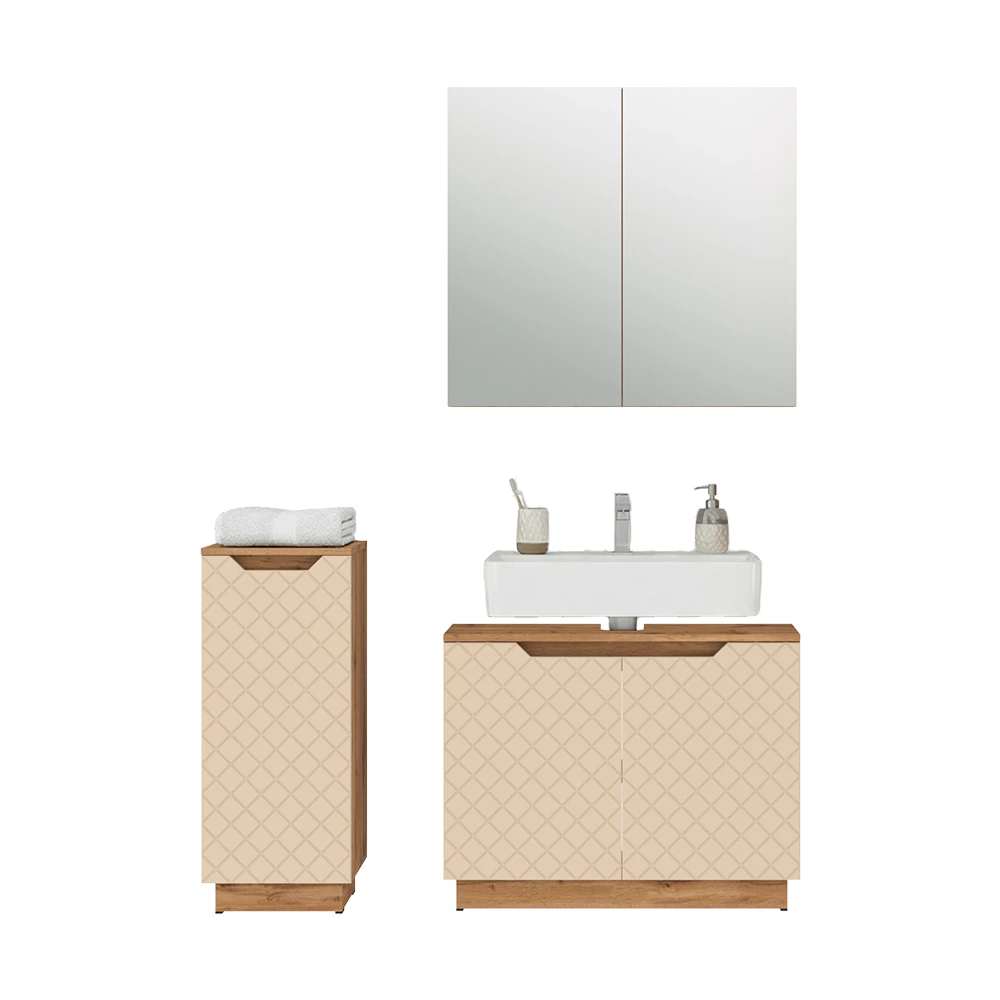 Badkamermeubelset in Eiken/kasjmier met tegelstructuur on white background with decorative elements