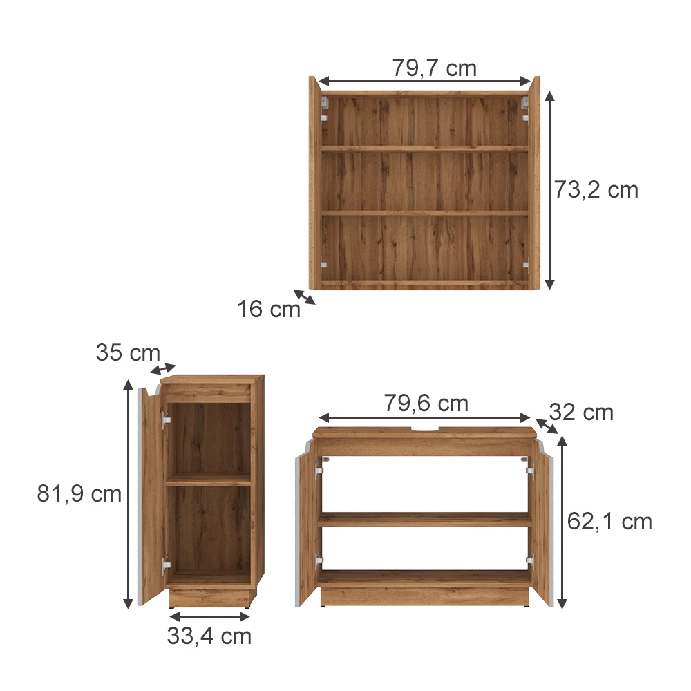 Badkamermeubelset in Eiken/grijs met tegelstructuur on white background with visible dimensions