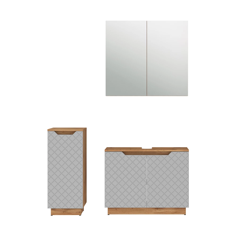 Badkamermeubelset in Eiken/grijs met tegelstructuur on white background