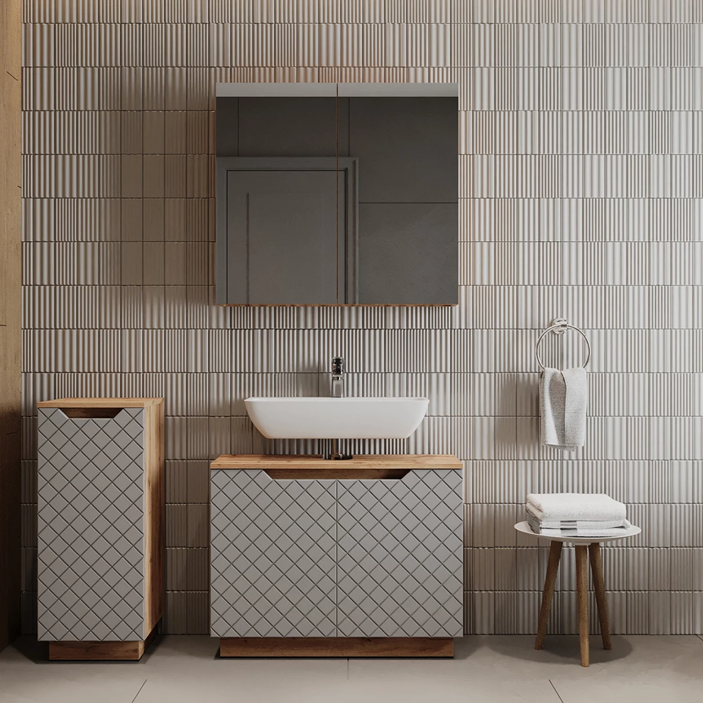 Badkamermeubelset in Eiken/grijs met tegelstructuur shown in ambient setting with decoration