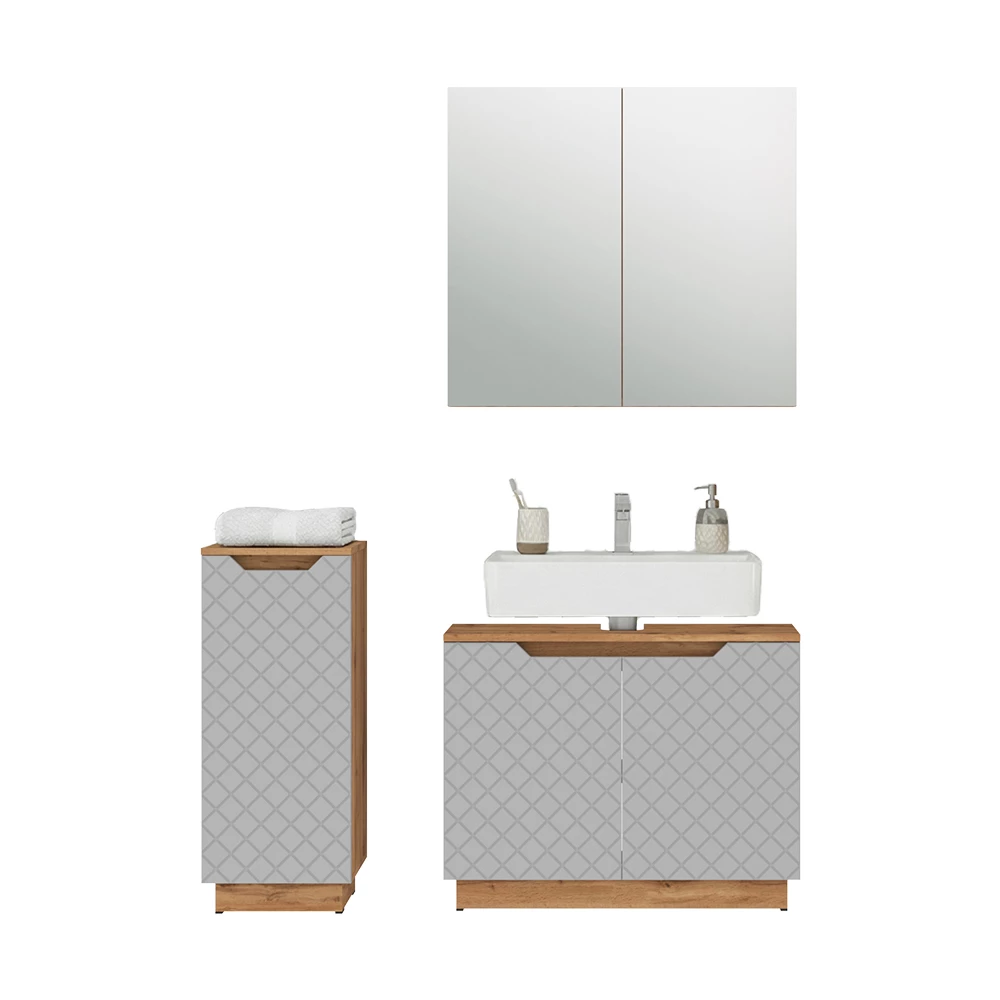 Badkamermeubelset in Eiken/grijs met tegelstructuur on white background with decorative elements