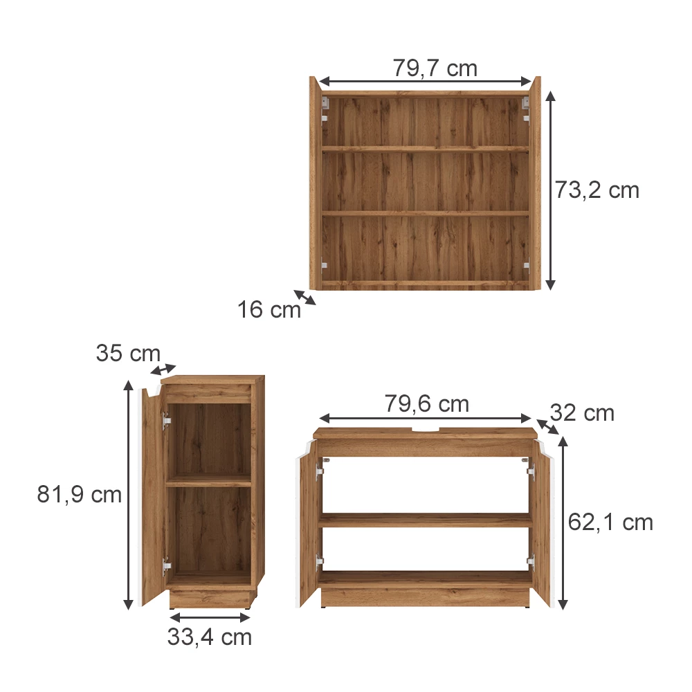 Badkamermeubelset in Eiken/wit met tegelstructuur on white background with visible dimensions