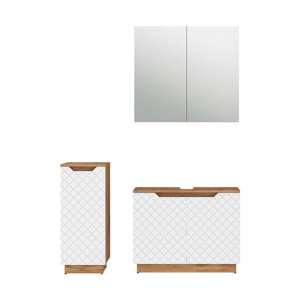 Badkamermeubelset in Eiken/wit met tegelstructuur on white background