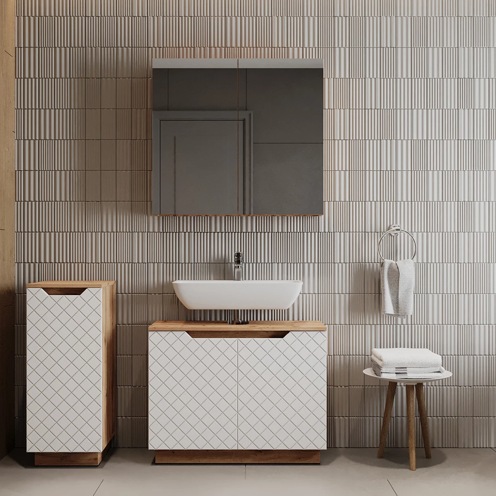 Badkamermeubelset in Eiken/wit met tegelstructuur shown in ambient setting with decoration