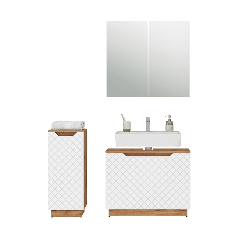 Badkamermeubelset in Eiken/wit met tegelstructuur on white background with decorative elements