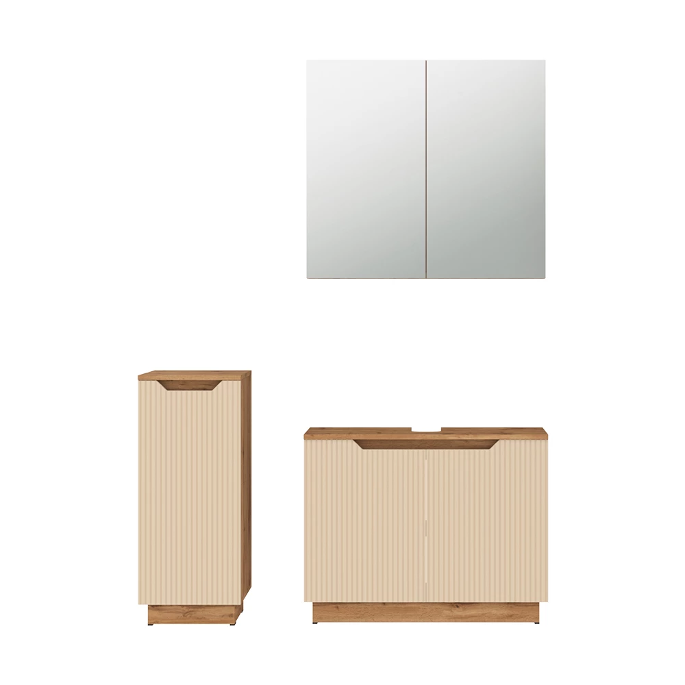 Badmöbel-Set in Eiche/Kaschmir gestreift auf weißem Hintergrund