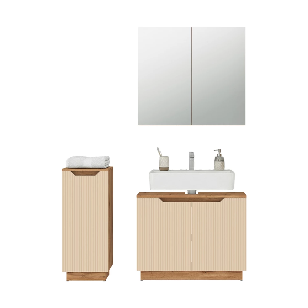 Badmöbel-Set in Eiche/Kaschmir gestreift auf weißem Hintergrund mit dekorativen Elementen