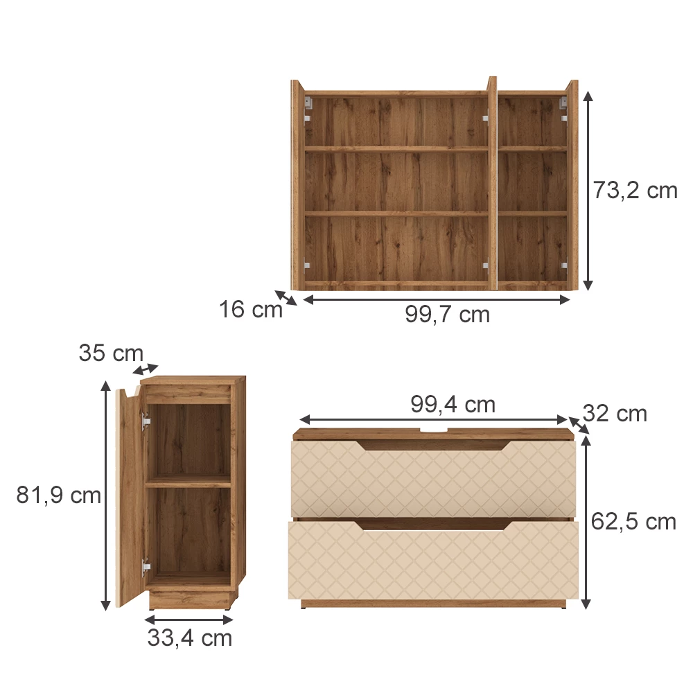 Badkamermeubelset in Eiken/kasjmier met tegelstructuur on white background with visible dimensions