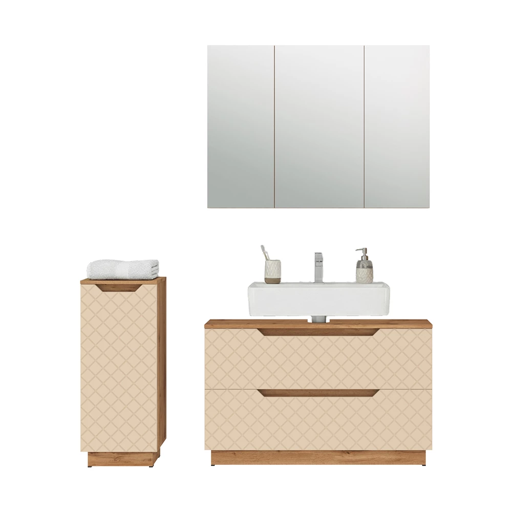 Badkamermeubelset in Eiken/kasjmier met tegelstructuur on white background with decorative elements