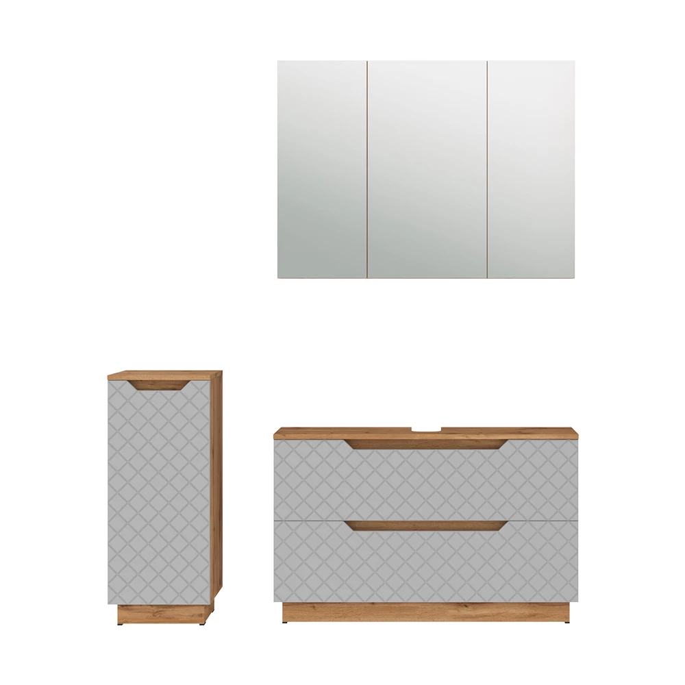 Badkamermeubelset in Eiken/grijs met tegelstructuur on white background