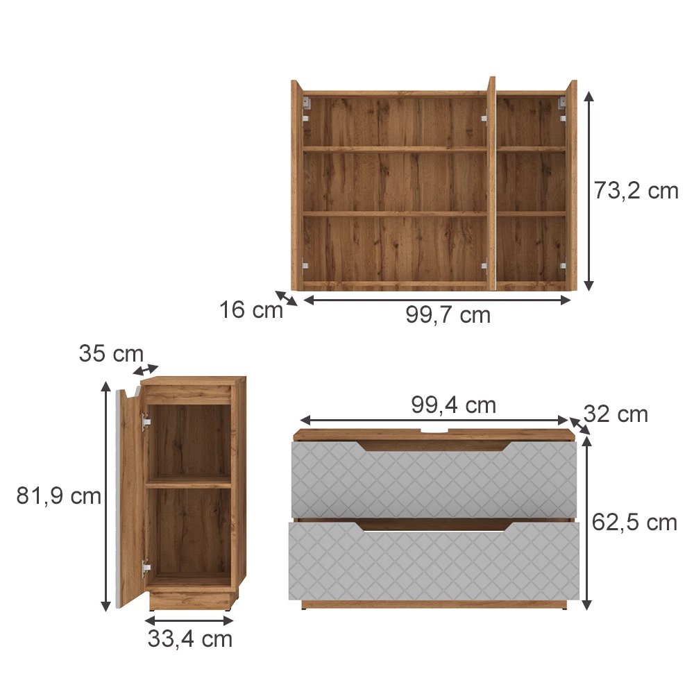 Badkamermeubelset in Eiken/grijs met tegelstructuur on white background with visible dimensions