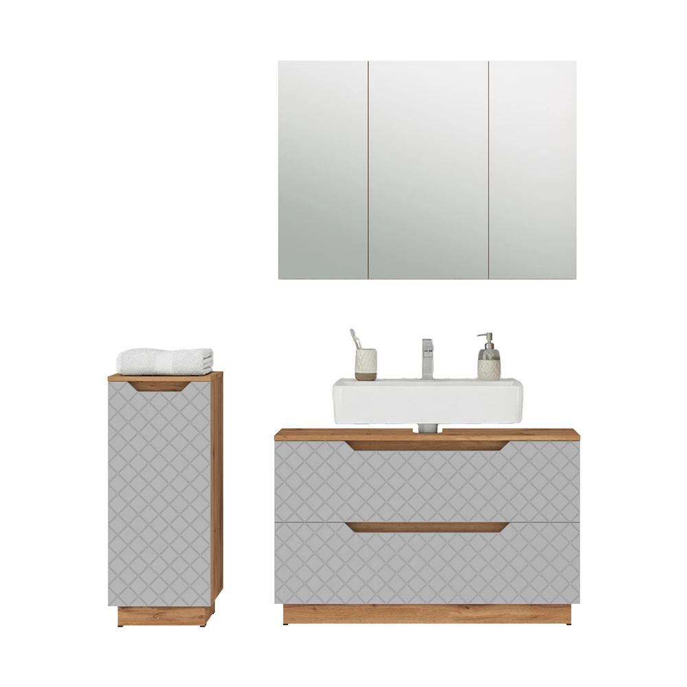 Badkamermeubelset in Eiken/grijs met tegelstructuur on white background with decorative elements