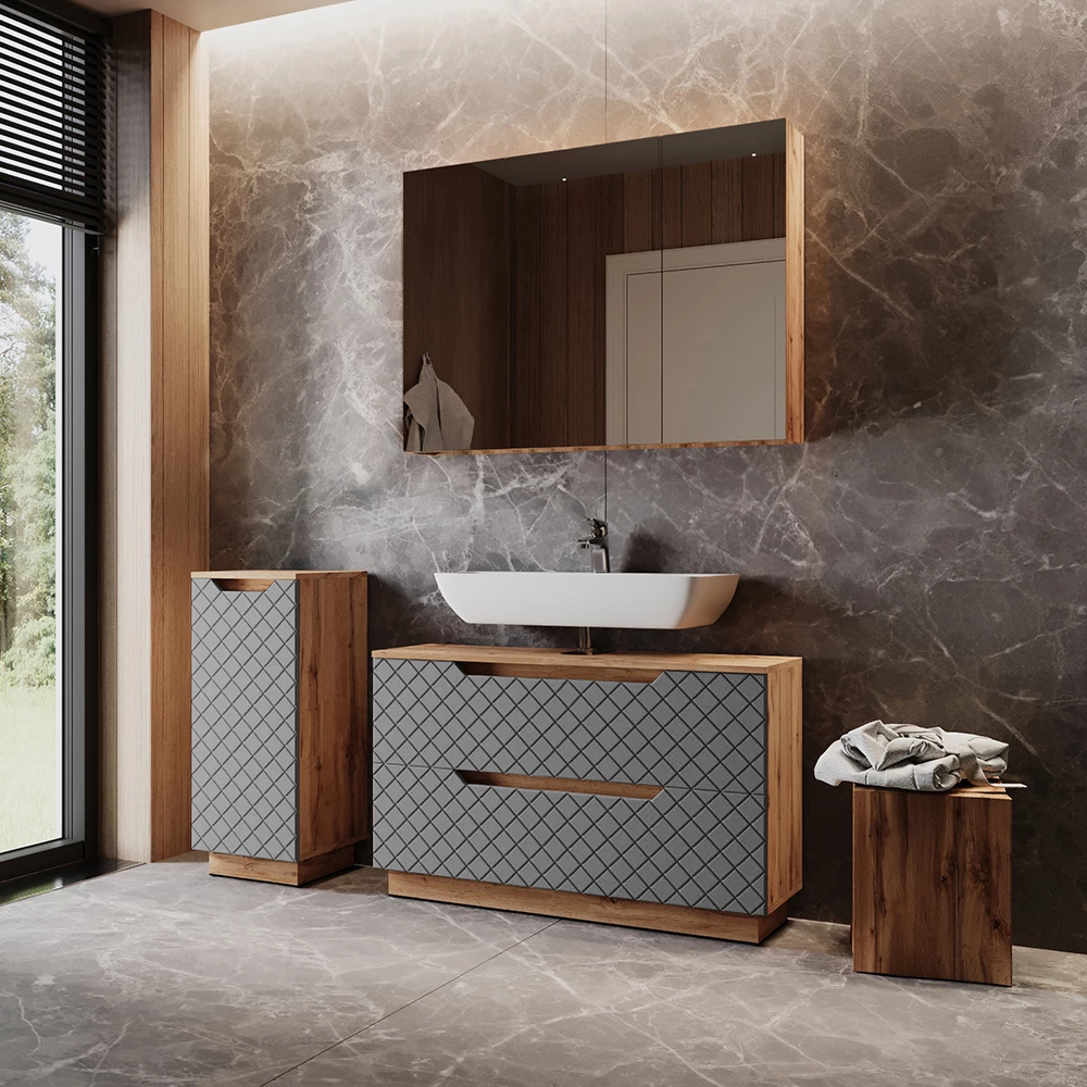 Close-up of Badkamermeubelset in Eiken/grijs met tegelstructuur, showing design and surface details