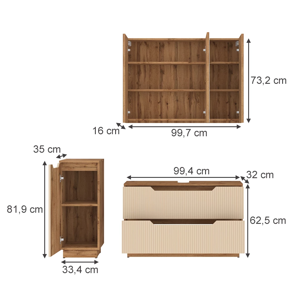 Badmöbel-Set in Eiche/Kaschmir gestreift auf weißem Hintergrund mit sichtbaren Maßen