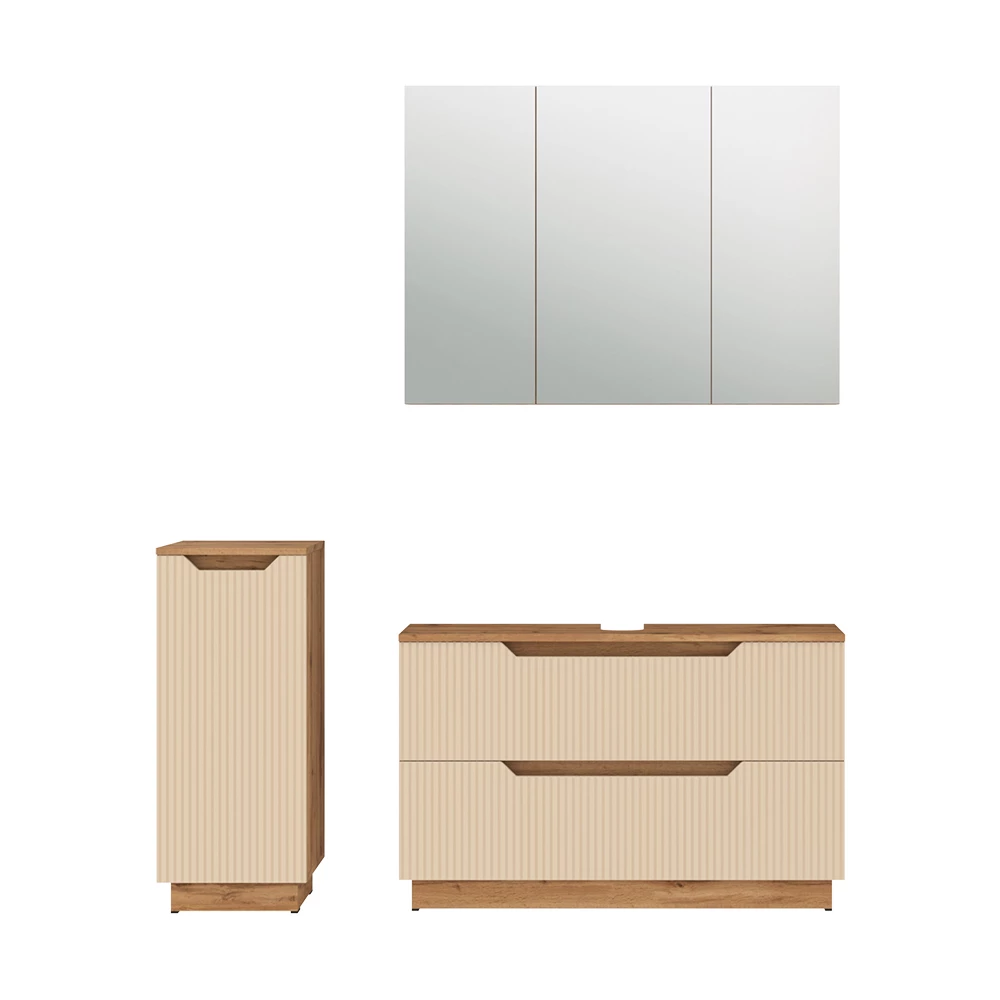 Badmöbel-Set in Eiche/Kaschmir gestreift auf weißem Hintergrund