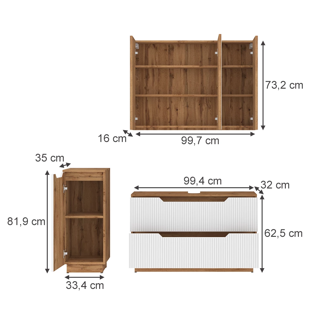 Badkamermeubelset in Eiken/wit gestreept on white background with visible dimensions