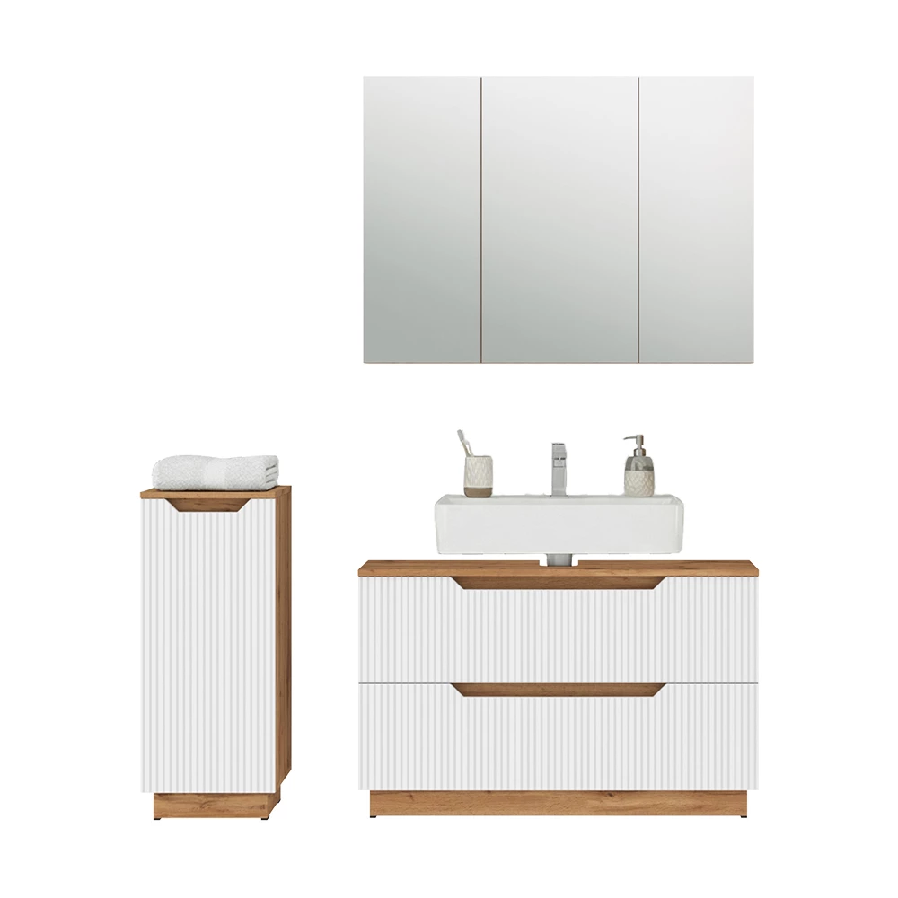 Badkamermeubelset in Eiken/wit gestreept on white background with decorative elements