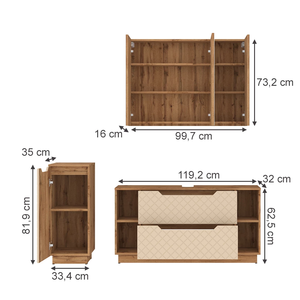 Badkamermeubelset in Eiken/kasjmier met tegelstructuur on white background with visible dimensions