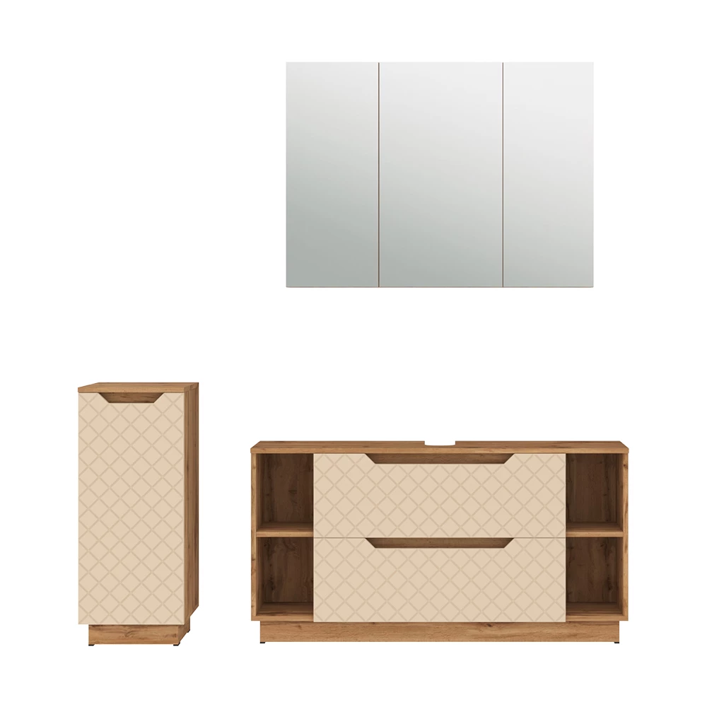 Badkamermeubelset in Eiken/kasjmier met tegelstructuur on white background