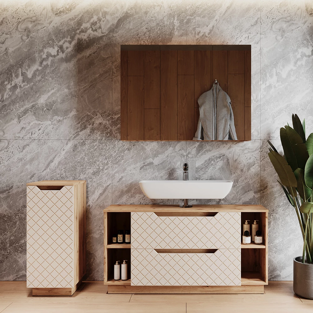 Badkamermeubelset in Eiken/kasjmier met tegelstructuur shown in ambient setting with decoration