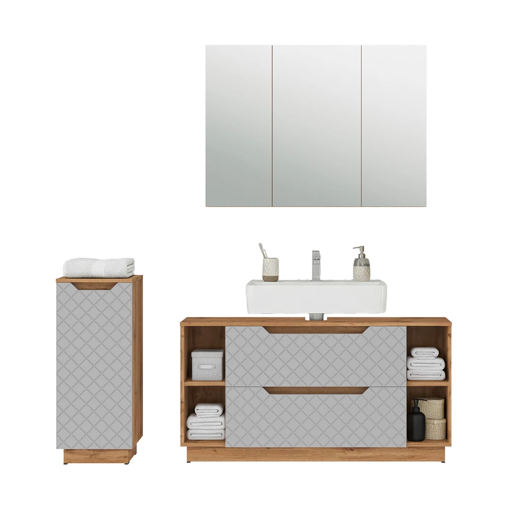 Badmöbel-Set in Eiche/Grau mit Kachelstruktur auf weißem Hintergrund mit dekorativen Elementen