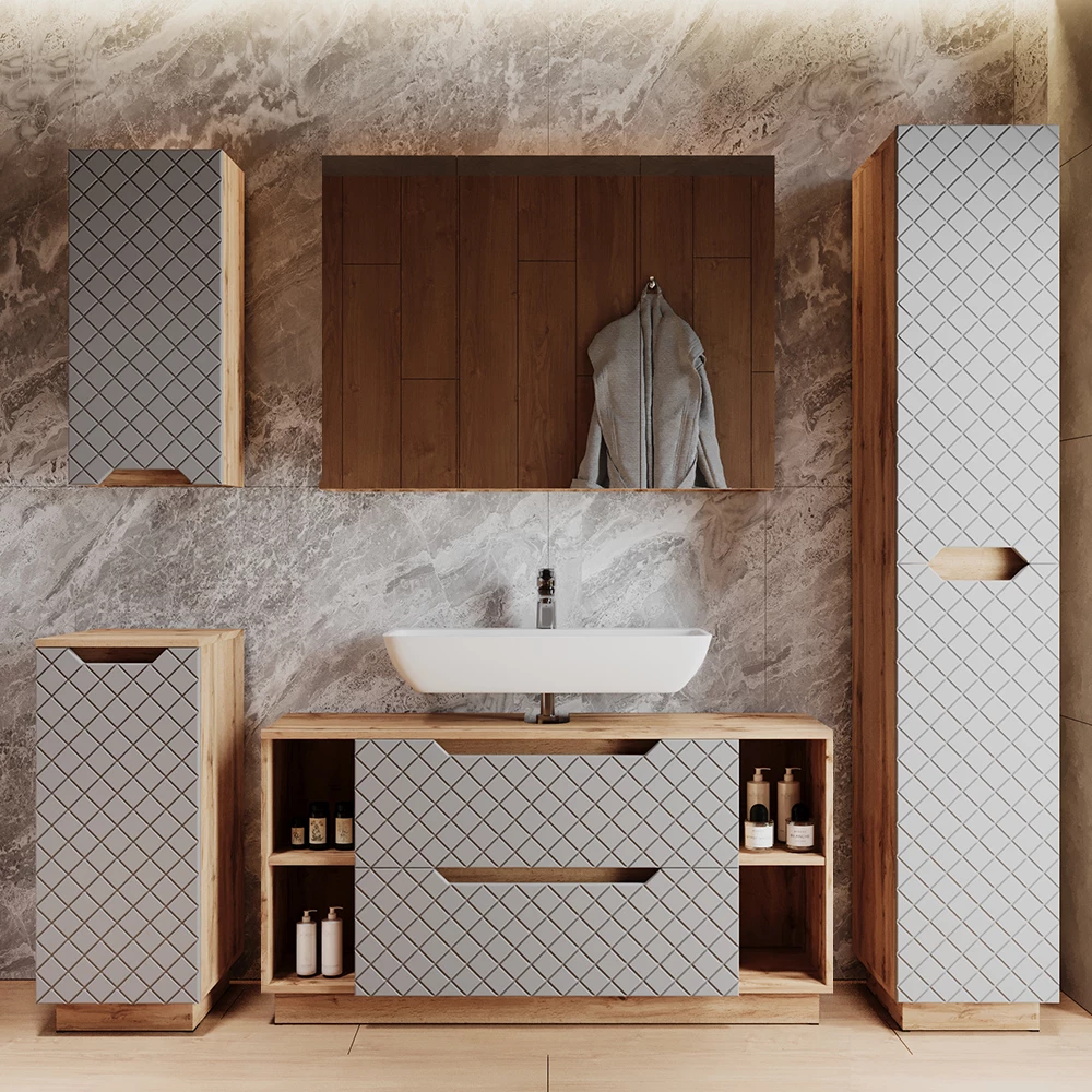 Waschbeckenunterschrank Lotta Eiche/Grau mit Kachelstruktur 119.2 x 62.5 cm mit 2 Schubladen Vicco