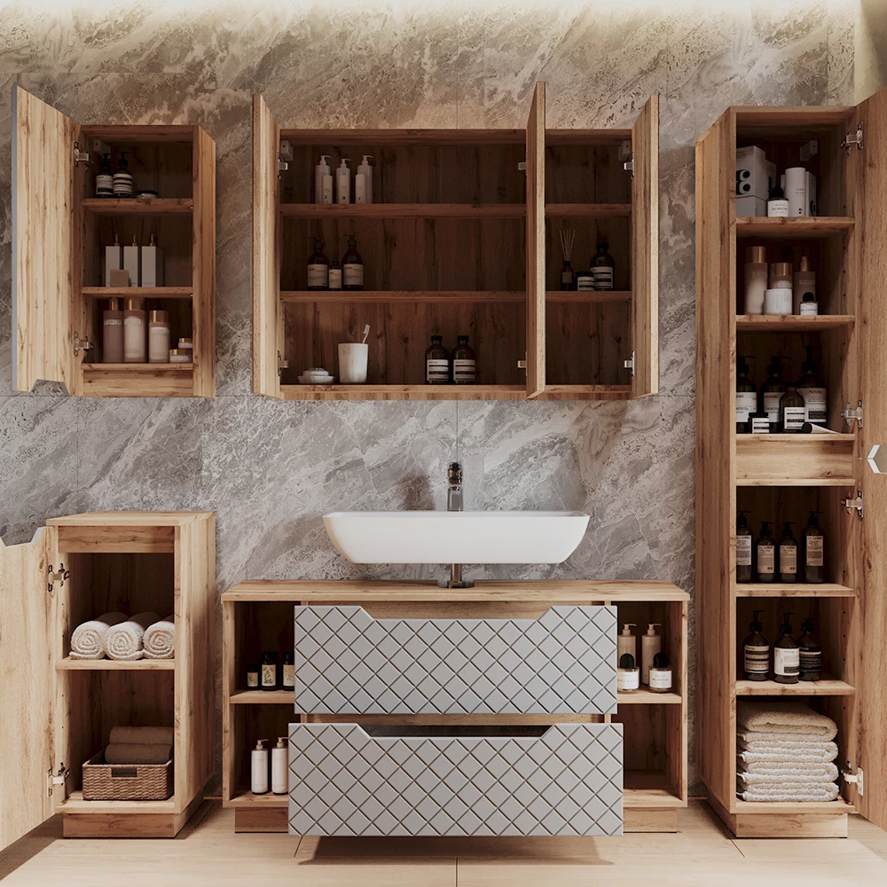 Waschbeckenunterschrank Lotta Eiche/Grau mit Kachelstruktur 119.2 x 62.5 cm mit 2 Schubladen Vicco