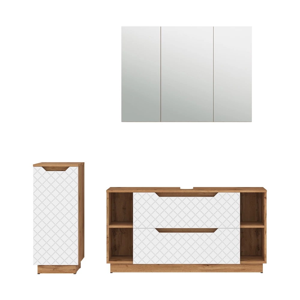 Badkamermeubelset in Eiken/wit met tegelstructuur on white background