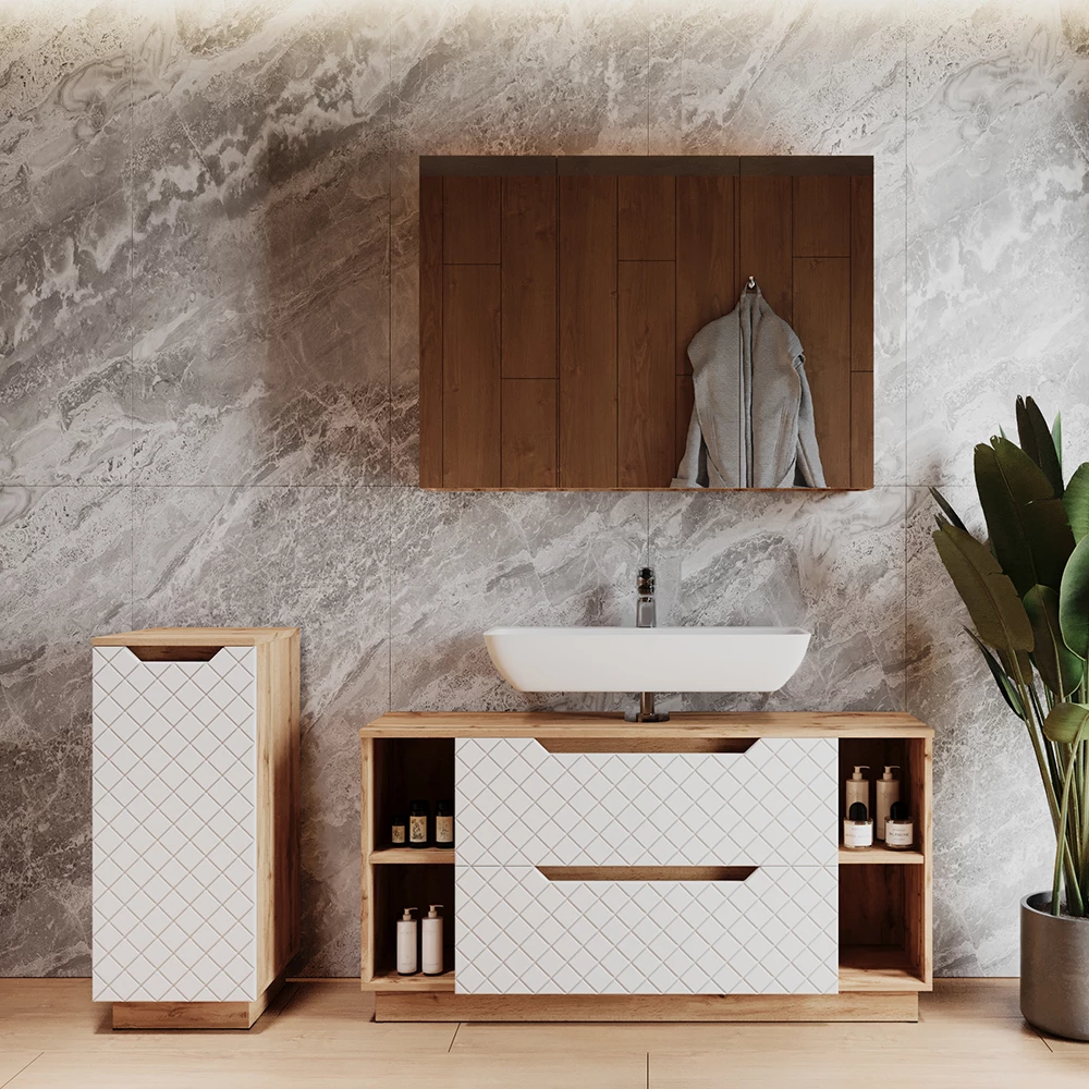 Badkamermeubelset in Eiken/wit met tegelstructuur shown in ambient setting with decoration